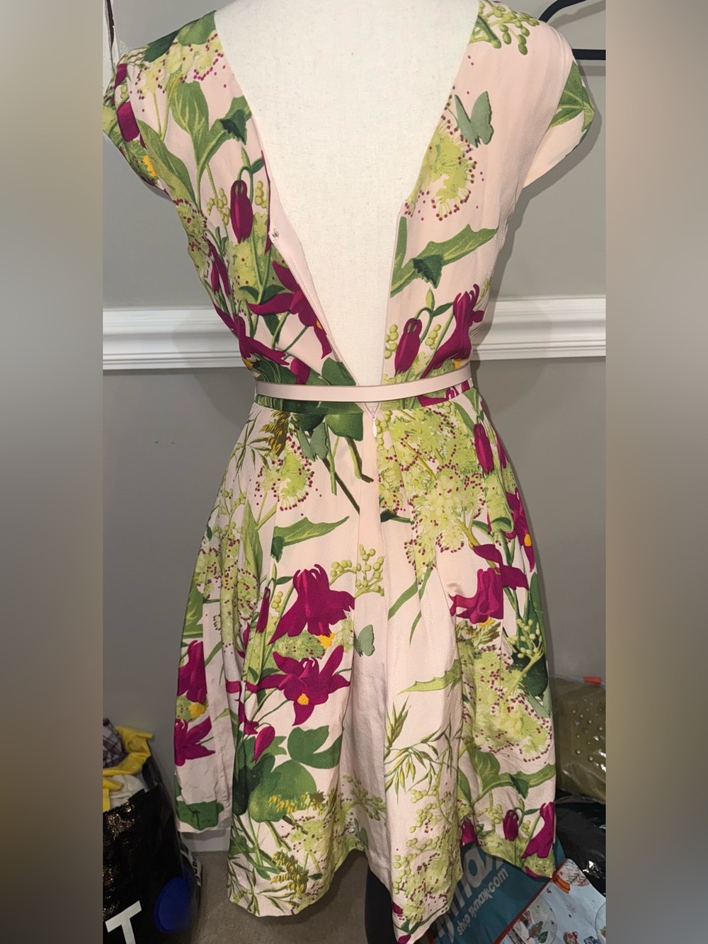 Ted Baker London Pale Pink Midi Dress with Fuchsia & Green Floral Print - Picture 3 of 13